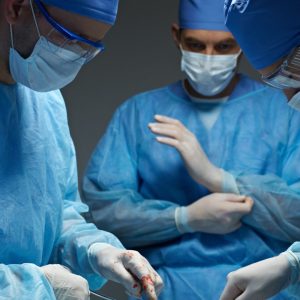 A group of surgeons preparing for surgery.